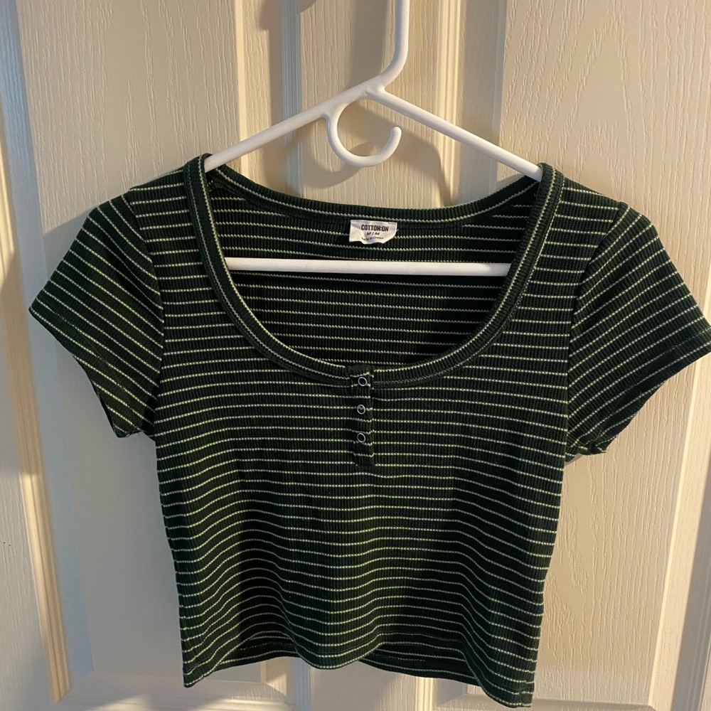 Cotton On Dark Green Striped Scoop Henley Crop Top